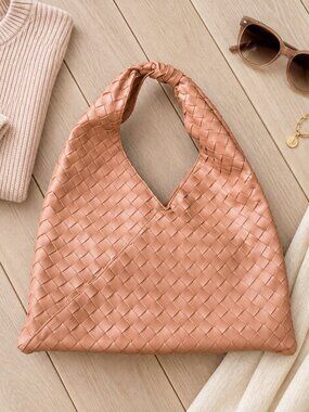 ✨ Moda Luxe Dusty Rose Woven Faux Leather Slouchy Hobo Bag - Knotted Handle✨